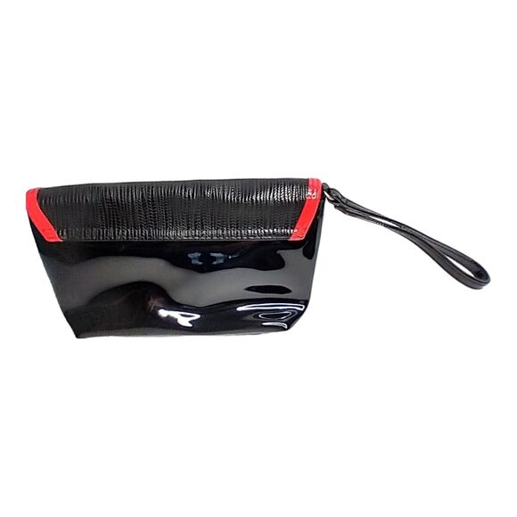 Elizabeth Arden Patent Leather Black Cosmetic Bag Purse w Mirror Red Trim - Picture 9 of 12